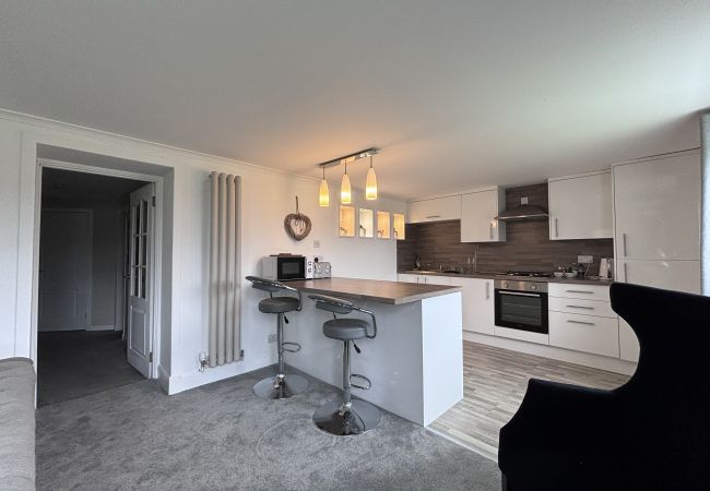 fully equipped kitchen with cooker and countertop for dining